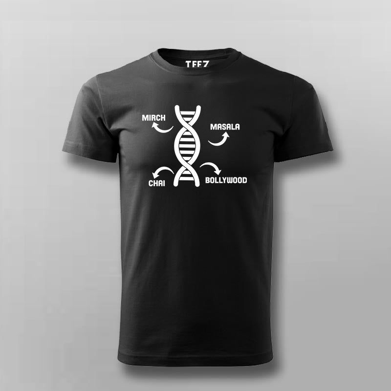 Desi DNA Mirch, Chai, Masala and Bollywood Hindi T-shirt for Men.