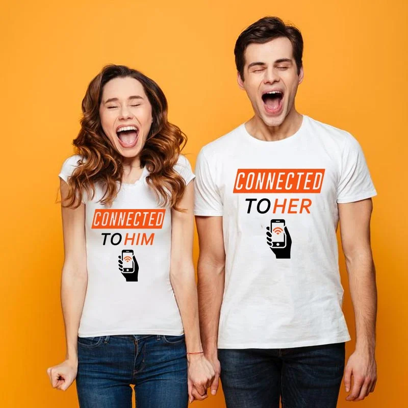 Connected To Him Connected To Her Matching Couple T-Shirts